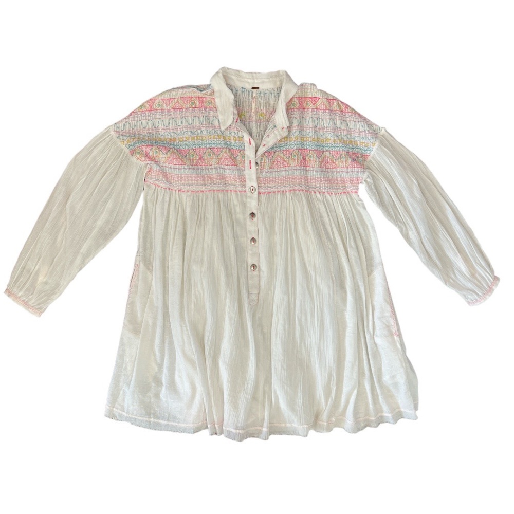 FREE PEOPLE ANNA MARIE EMBROIDERED BUTTON FRONT LONG SLEEVE TUNIC SHIRTDRESS - Picture 5 of 12
